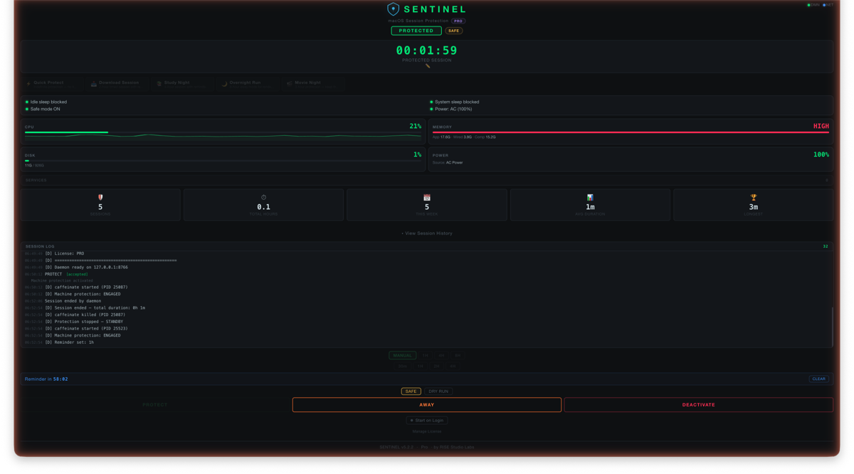 SENTINEL dashboard with Time Guardian reminder active — session timer with countdown