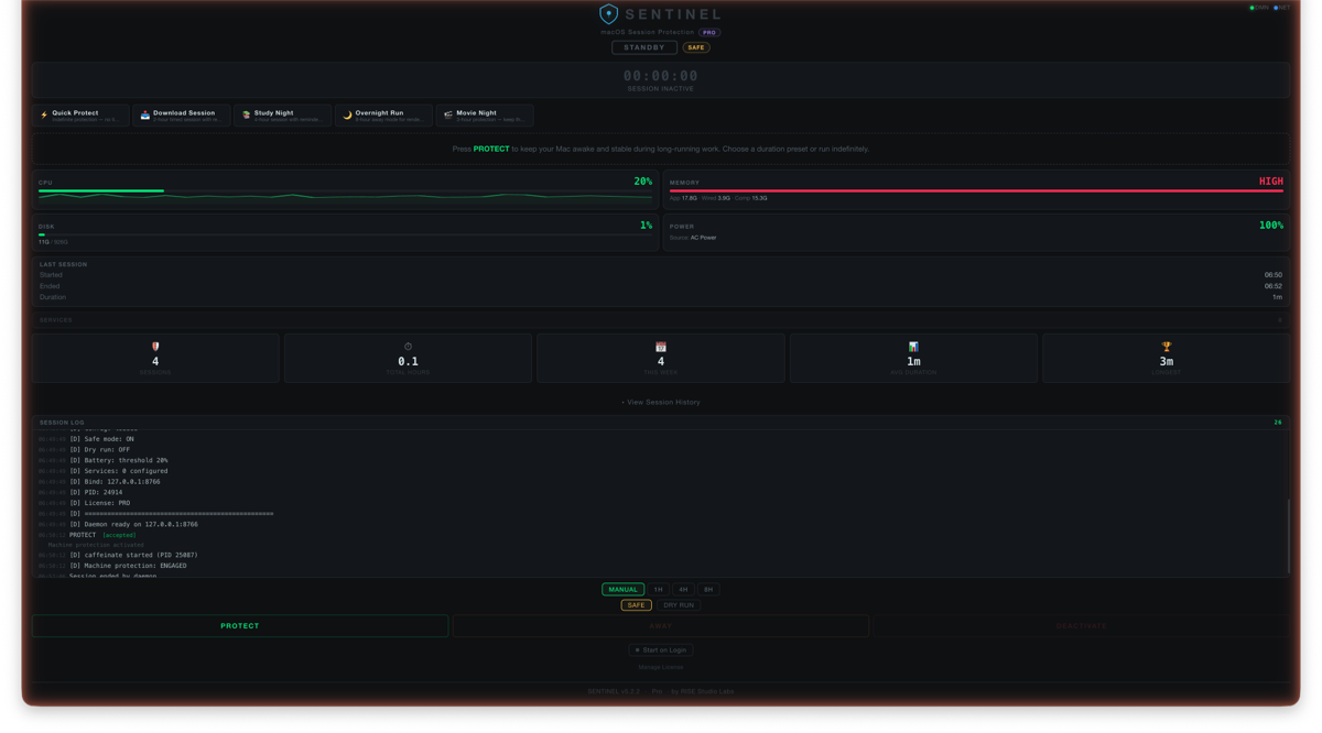 SENTINEL dashboard in standby mode — system monitoring, presets, session log